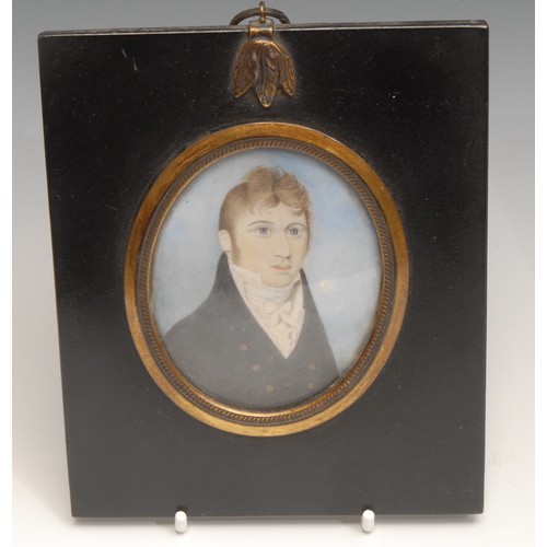 4097 - English School (19th century), a portrait miniature, of a young man wearing a black coat and white s... 