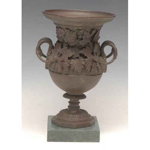 3542 - A 19th century brown patinated bronze campana urn, in the Grand Tour taste, cast with fruiting vine,... 