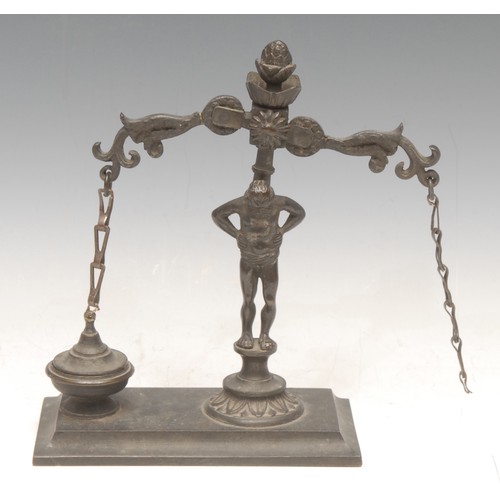 3198 - A set of unusual post-Regency bronze novelty balance scales, possibly for coins, cast with the figur... 