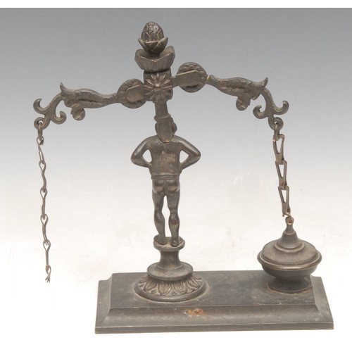 3198 - A set of unusual post-Regency bronze novelty balance scales, possibly for coins, cast with the figur... 