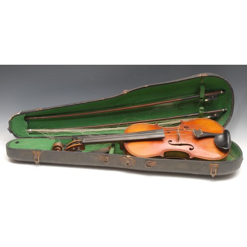 3730 - A violin, the two-piece back 35.5cm long excluding button, paper label printed Giovan Paolo Maggini,... 