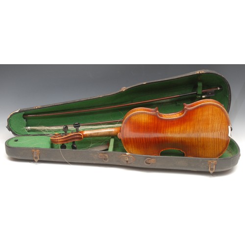 3730 - A violin, the two-piece back 35.5cm long excluding button, paper label printed Giovan Paolo Maggini,... 