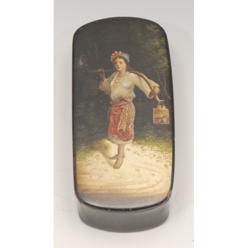 3181 - A Russian black lacquer rounded rectangular snuff box, printed and painted with a milk maid, 8cm, pr... 