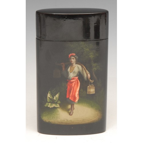 3181 - A Russian black lacquer rounded rectangular snuff box, printed and painted with a milk maid, 8cm, pr... 