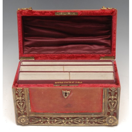 3588 - A 19th century Irish table top stationery box, applied with pierced and embossed brass borders on a ... 