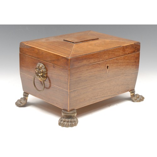 3178 - A post-Regency rosewood work box, outlined with boxwood stringing, pair of lion mask loop handles, b... 