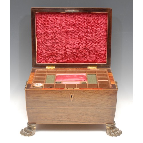 3178 - A post-Regency rosewood work box, outlined with boxwood stringing, pair of lion mask loop handles, b... 