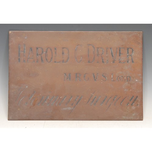 3453 - Medical Interest - an early 20th century brass sign, Harold C Driver MRCVS Lond, Veterinary Surgeon,... 