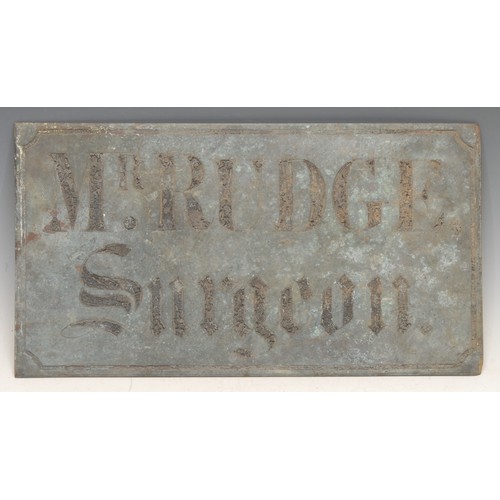 3449 - Medical Interest - a 19th century brass sign, Mr Rudge, Surgeon, 18cm x 33cm