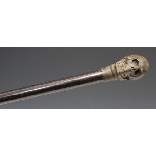 3712 - The Macabre - a novelty walking stick, the verdigris patinated bronze pommel as a memento mori skull... 