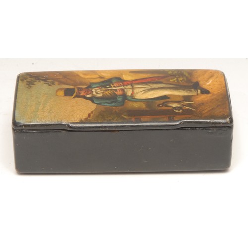 3602 - A 19th century papier mache rounded rectangular snuff box, hinged cover decorated in polychrome with... 