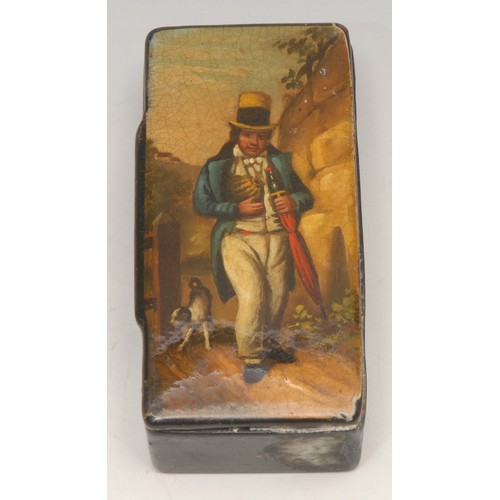 3602 - A 19th century papier mache rounded rectangular snuff box, hinged cover decorated in polychrome with... 