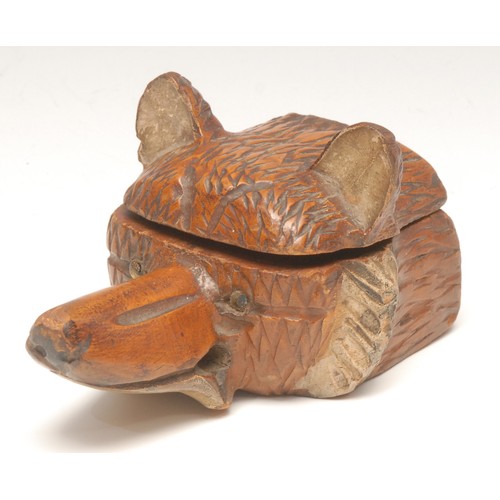 3275 - An early 20th century carved and polychrome painted novelty inkwell, as the head of a fox, hinged co... 