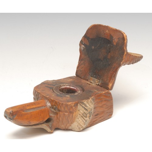 3275 - An early 20th century carved and polychrome painted novelty inkwell, as the head of a fox, hinged co... 