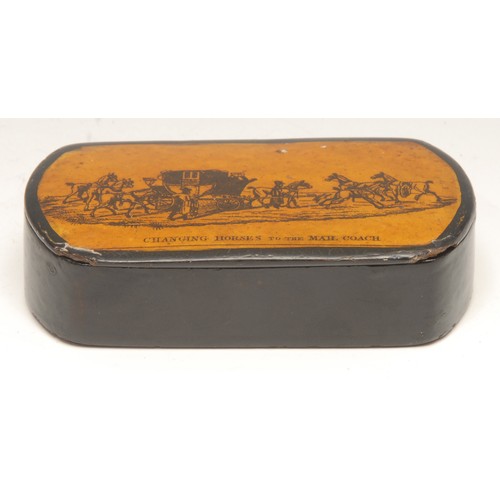 3603 - A 19th century papier mache snuff box, the hinged cover transfer printed with a titled scene, Changi... 