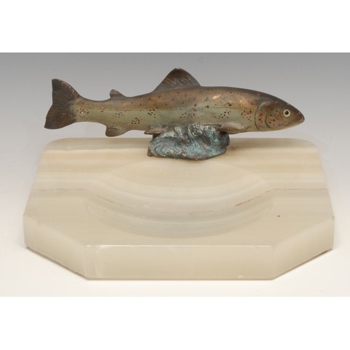 3257 - An Austrian cold painted bronze fish, mounted on an onyx dish, 18cm wide