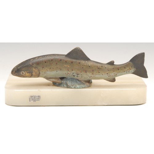 3257 - An Austrian cold painted bronze fish, mounted on an onyx dish, 18cm wide