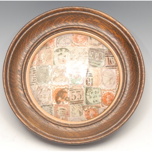 3469 - Philately - Curiosities - an interesting convex reverse glass collage of Victorian stamps, turned oa... 