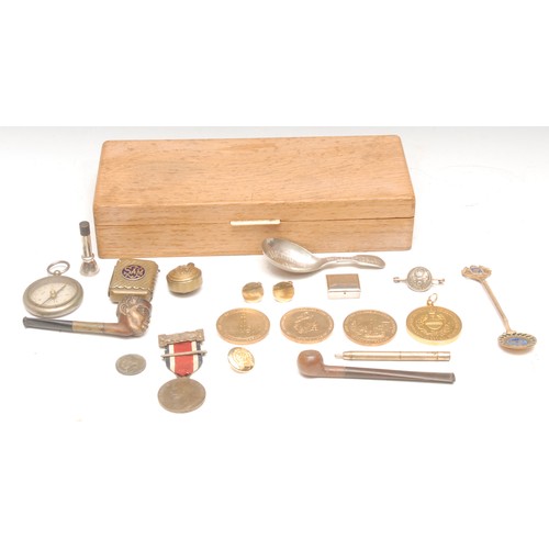 3359 - Boxes and Objects - an enamel decorated vesta case, Sam, 4.5cm long; a compass; an Edward VIII light... 