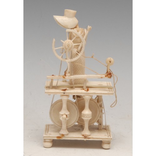 3121 - A Napoleonic prisoner of war bone automaton model, of a spinning Jenny, with figure, 11cm high, c.18... 