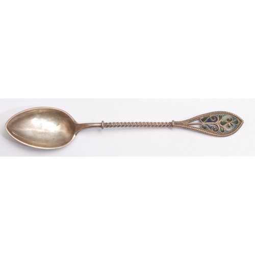 3682 - A late 19th century Russian silver and enamel spoon; a similar miniature beaker, in white and blue, ... 