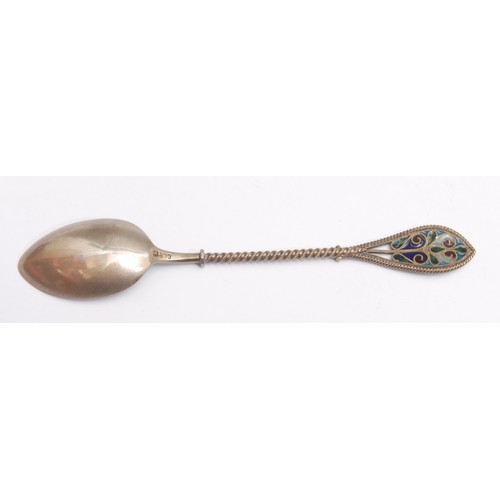 3682 - A late 19th century Russian silver and enamel spoon; a similar miniature beaker, in white and blue, ... 