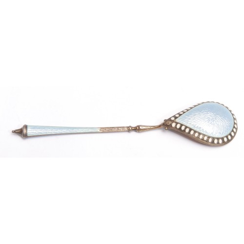 3682 - A late 19th century Russian silver and enamel spoon; a similar miniature beaker, in white and blue, ... 