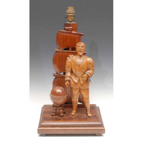 3388 - Folk Art - a carved treen figural lamp base, Sir Francis Drake, 44cm overall