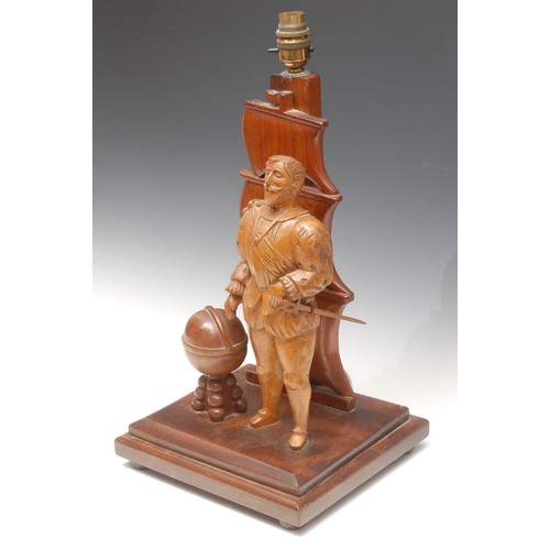 3388 - Folk Art - a carved treen figural lamp base, Sir Francis Drake, 44cm overall