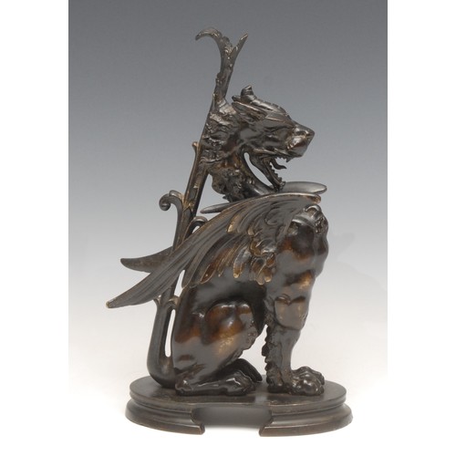 3633 - A 19th century patinated bronze, of a winged mythical beast, oval base, 23cm high, c.1880