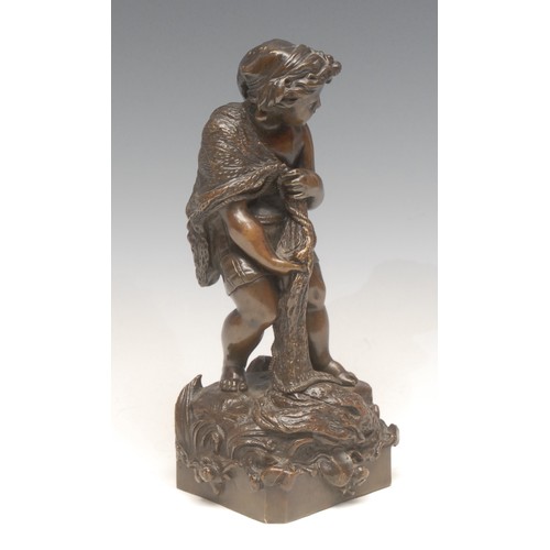 3638 - A French patinated bronze, of a fisher boy, he stands with net draped over shoulder, wearing shorts ... 