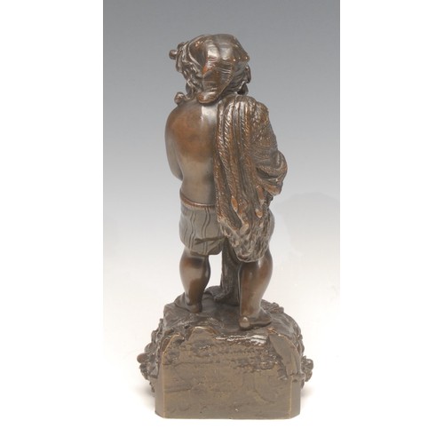 3638 - A French patinated bronze, of a fisher boy, he stands with net draped over shoulder, wearing shorts ... 