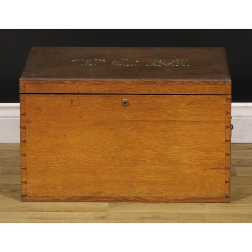 3601 - A 19th century oak rectangular strong box, the hinged cover with brass studded initials TCM, brass s... 