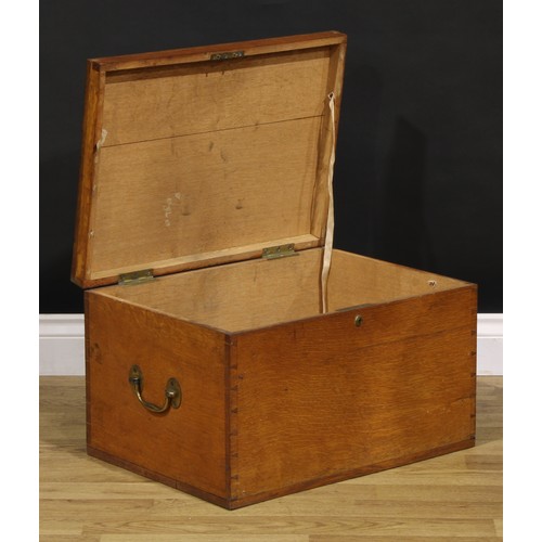 3601 - A 19th century oak rectangular strong box, the hinged cover with brass studded initials TCM, brass s... 