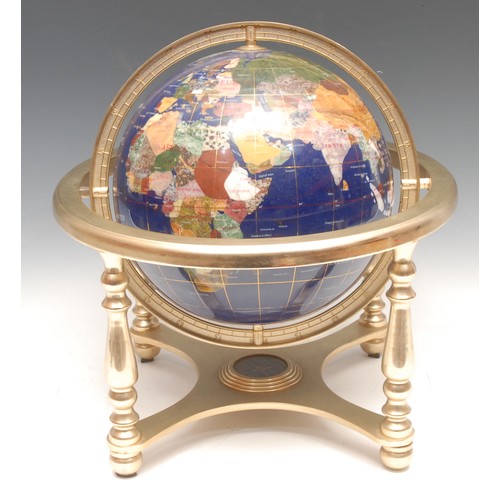3088 - A hardstone terrestrial globe, inlaid with abalone shell and specimen stones, 32cm diam overall