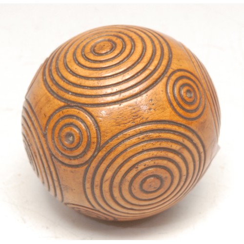 3497 - Treen - a 19th century draught-turned puzzle ball novelty snuff box, probably Scottish, 5cm diam