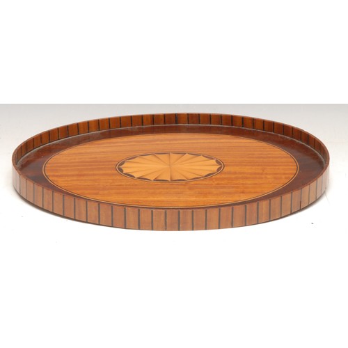 3202 - A Sheraton Revival satinwood and marquetry oval gallery tray or waiter, the crossbanded field inlaid... 