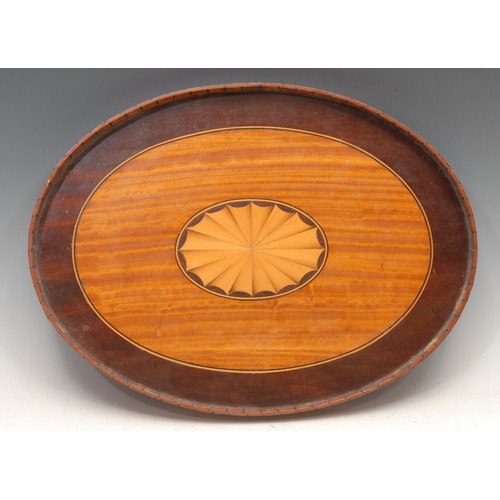 3202 - A Sheraton Revival satinwood and marquetry oval gallery tray or waiter, the crossbanded field inlaid... 