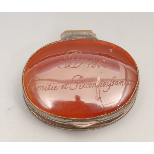 3625 - An early 19th century French silver plated snuff box, the polished carnelian cover engraved, D.1803,... 