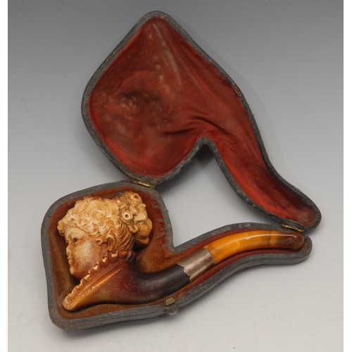 3576 - A 19th century German novelty meerschaum pipe, carved as the head of a lady, 11.5cm long, c.1890, ca... 