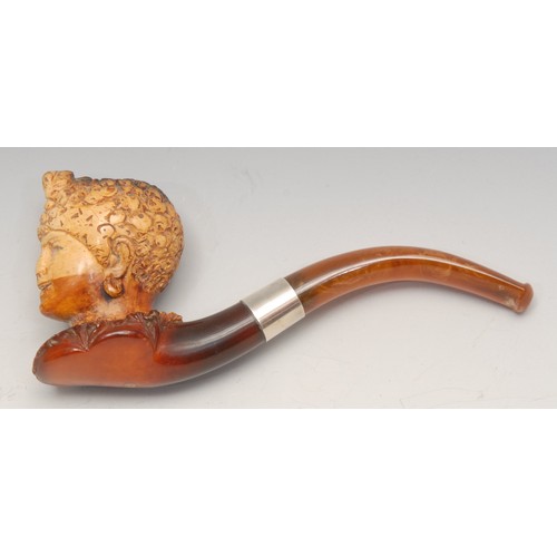 3575 - A 19th century German novelty meerschaum pipe, carved as the head of a lady wearing a turban, silver... 