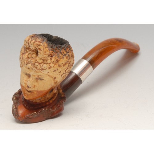 3575 - A 19th century German novelty meerschaum pipe, carved as the head of a lady wearing a turban, silver... 