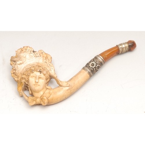3578 - A 19th century German novelty meerschaum pipe, carved as the head of a lady, dressed a la mode, 10.5... 