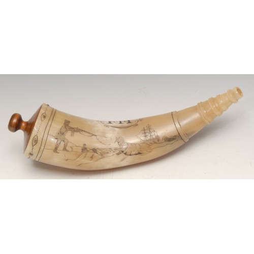 3244 - An 18th century style scrimshaw cattle horn powder flask, engraved with a whaler hunting walrus, tur... 