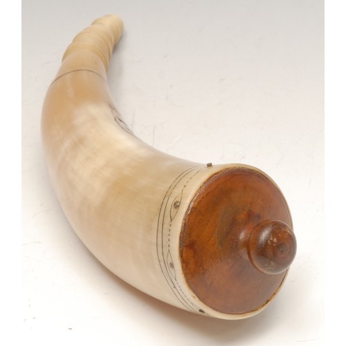 3244 - An 18th century style scrimshaw cattle horn powder flask, engraved with a whaler hunting walrus, tur... 