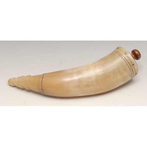 3244 - An 18th century style scrimshaw cattle horn powder flask, engraved with a whaler hunting walrus, tur... 