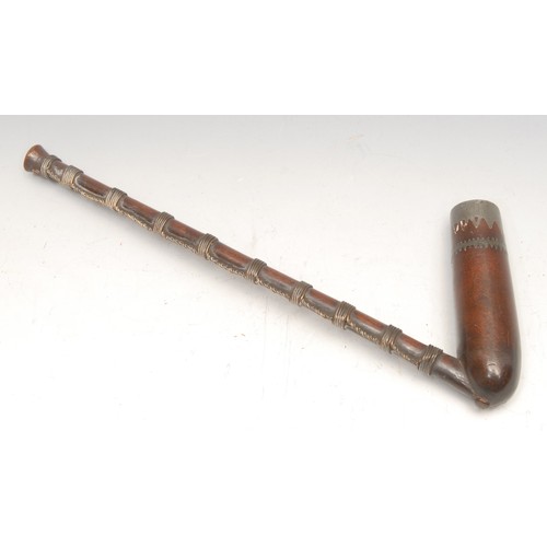 3227 - A Xhosa tribal pipe, of typical form, metal inlaid bowl, copper wire bound stem, 23.5cm long, South ... 