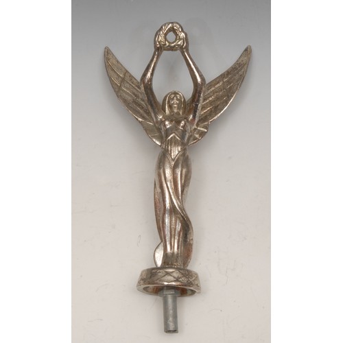 3348 - Automobilia - a chromed car mascot, cast as Victory crowning with laurels, the base marked Supreme, ... 