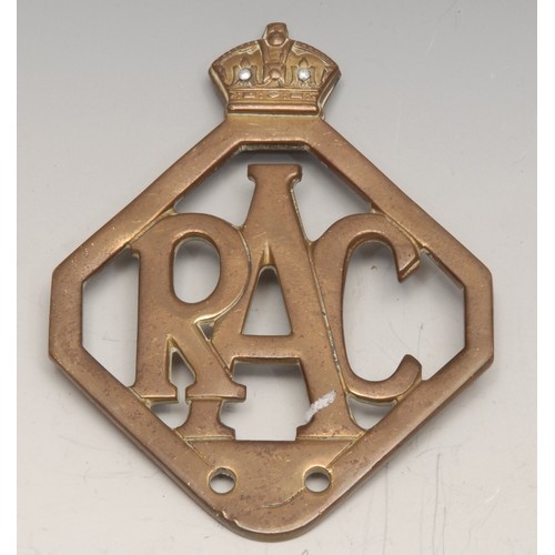 3350 - Automobilia - a George V car badge, The Royal Automobile Club [RAC], 12cm long; another, brass; anot... 