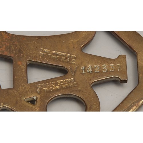 3350 - Automobilia - a George V car badge, The Royal Automobile Club [RAC], 12cm long; another, brass; anot... 